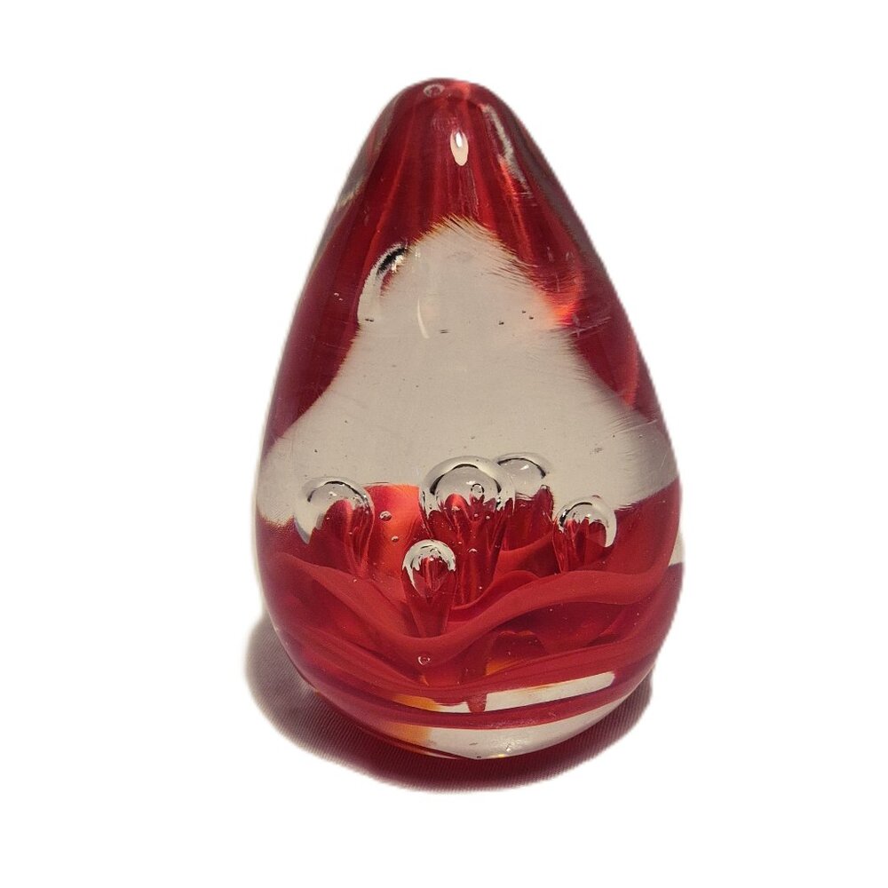 Hand Blown Red Teardrop Glass Paperweight 4 1/2” Tall Art Glass Desk Decor